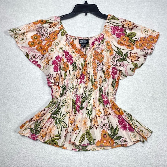 Angie Tops - Angie Top Womens XS Boho Floral Peplum Smocked Blouse Flutter Sleeve Cottagecore